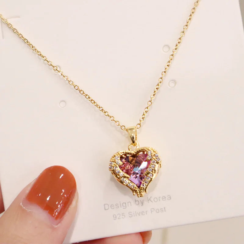 DIEYURO 316L Stainless Steel Beautiful Love Heart Amethyst Gold Color Pendant Necklace Shiny Everyday Gift Women Jewelry