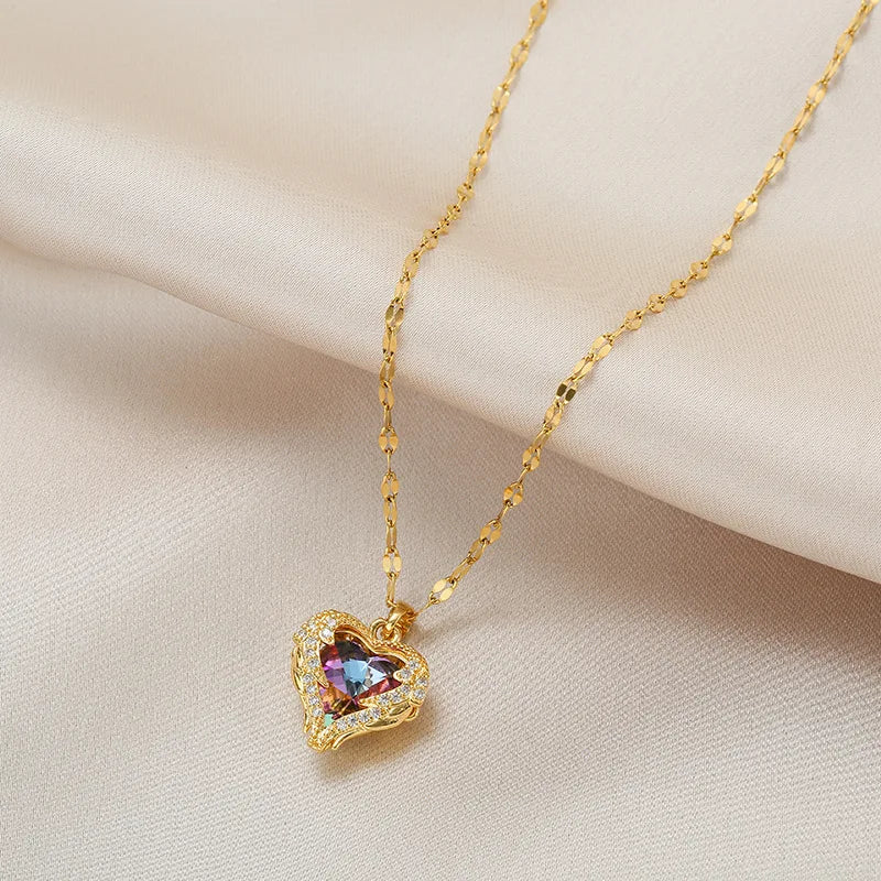 DIEYURO 316L Stainless Steel Beautiful Love Heart Amethyst Gold Color Pendant Necklace Shiny Everyday Gift Women Jewelry