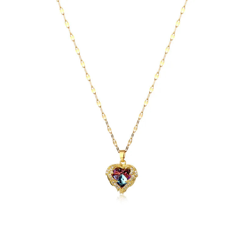 DIEYURO 316L Stainless Steel Beautiful Love Heart Amethyst Gold Color Pendant Necklace Shiny Everyday Gift Women Jewelry