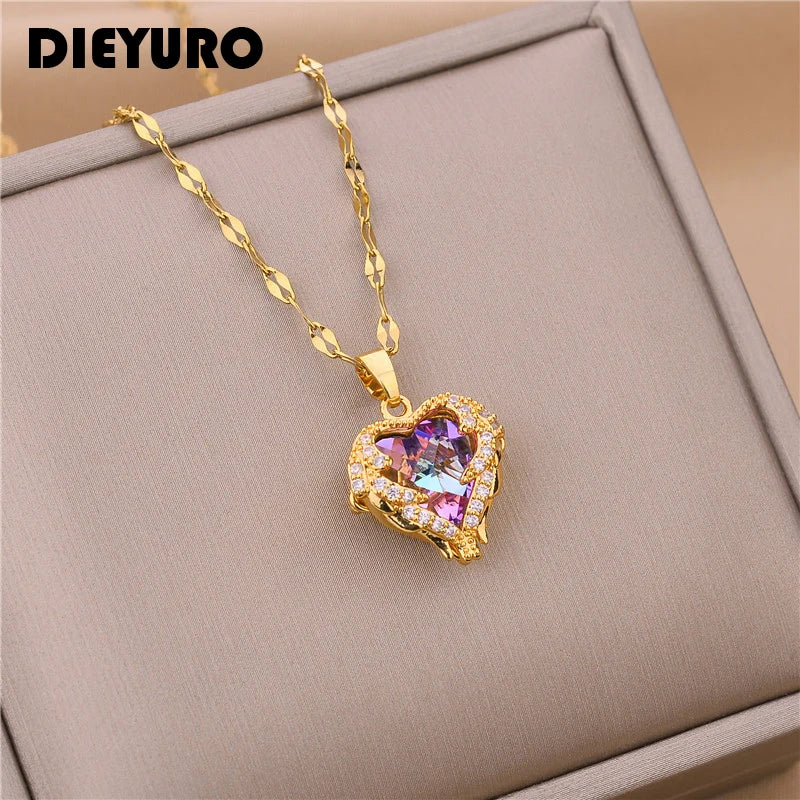 DIEYURO 316L Stainless Steel Beautiful Love Heart Amethyst Gold Color Pendant Necklace Shiny Everyday Gift Women Jewelry